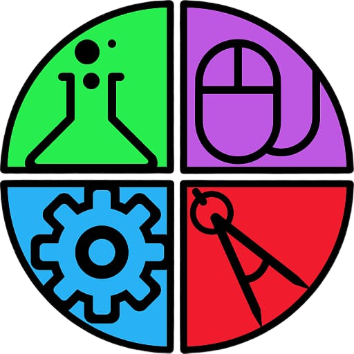 Colorful four-section icon representing STEM fields, featuring science, technology, engineering, and mathematics symbols.